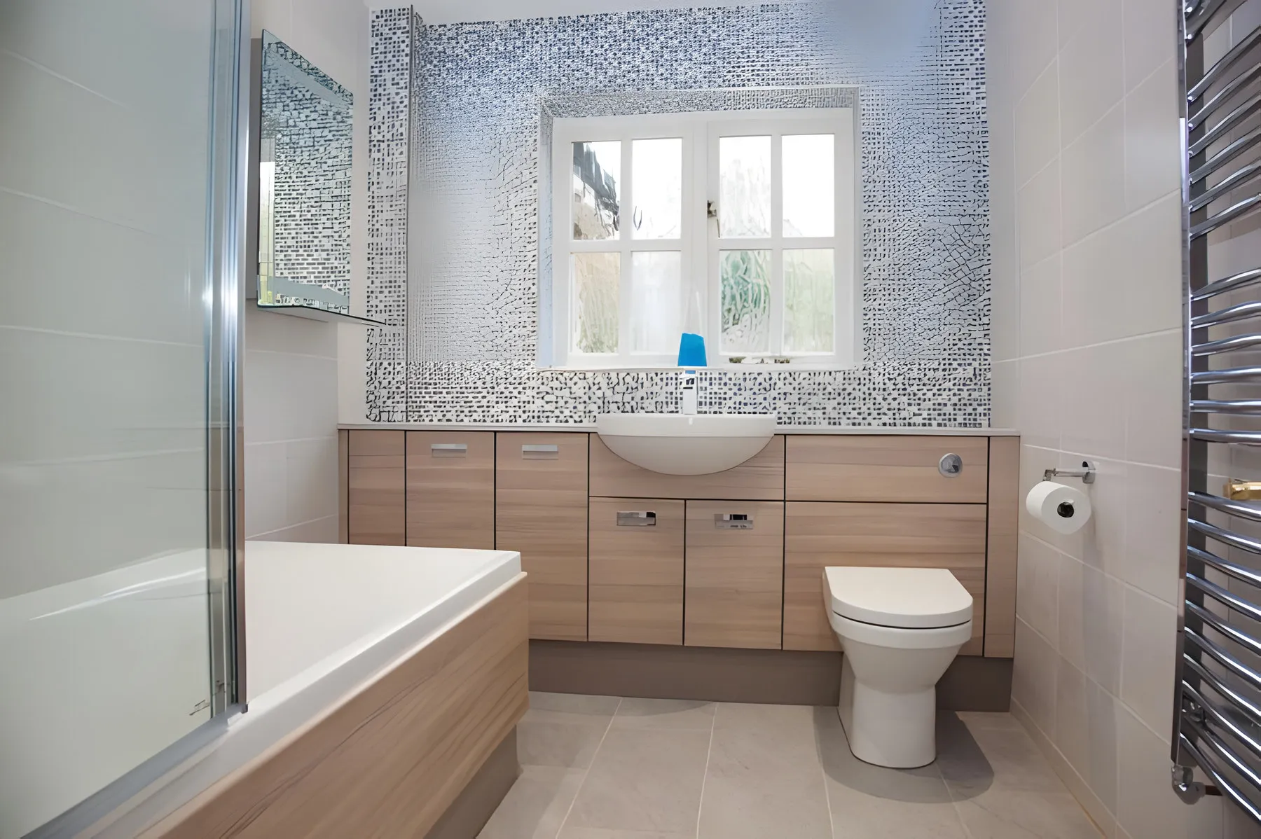 Family bathroom with mosaic wall and fitted furniture, Rowtown